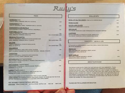 Menu at Rudy's Pizza Napoletana - Ancoats pizzeria, Manchester, 9 Cotton St