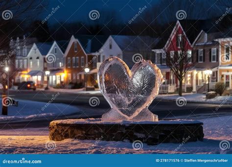 Heart-Shaped Ice Sculpture in Town Square at Dusk Stock Illustration ...