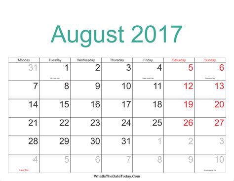 August 2017 Calendar Printable with Holidays | Whatisthedatetoday.Com