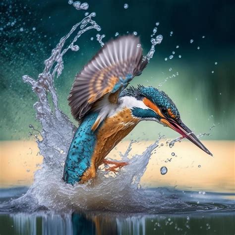 Common European Kingfisher river kingfisher flying after emerging from water with caught fish ...