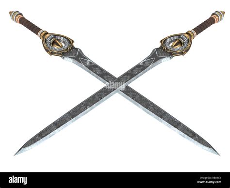 Fantasy long sword with patterns and leather on the handle on an ...