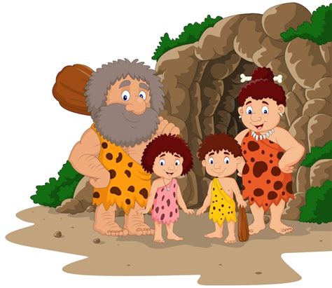 Premium Vector | Cartoon caveman family with cave background