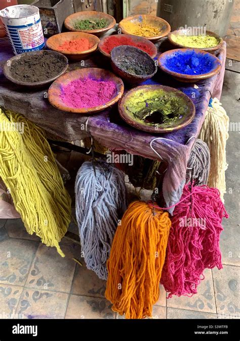 Bowls of colourful natural dyes used in the dyeing of wool in the Souks ...