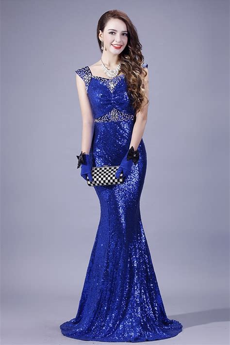 Mermaid Sweetheart Royal Blue Sequin Beaded Evening Prom Dress With Straps