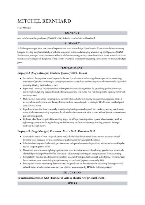 Stage Manager Resume (CV) Example and Writing Guide