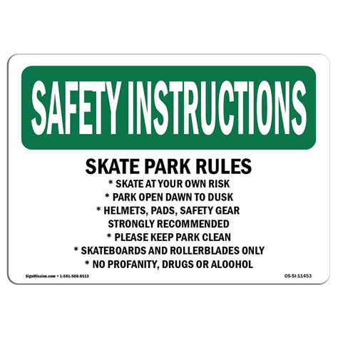 OSHA SAFETY INSTRUCTIONS Sign - Skate Park Rules Skate At Your Own Risk | Choose from: Aluminum ...