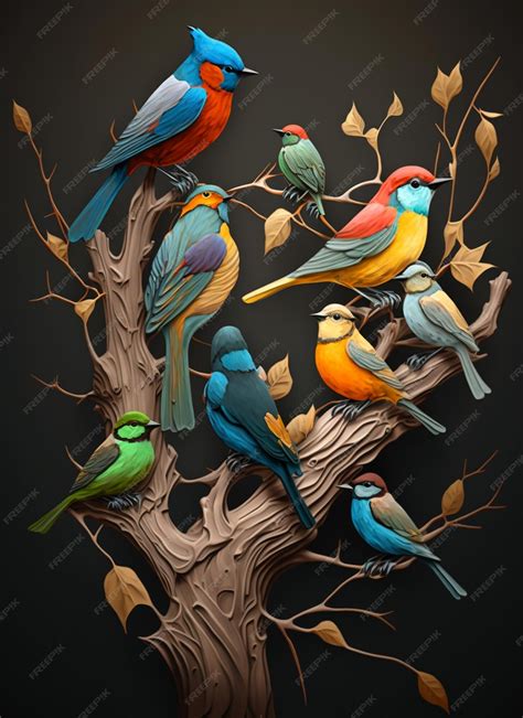 Premium AI Image | A painting of birds on a tree with leaves on it