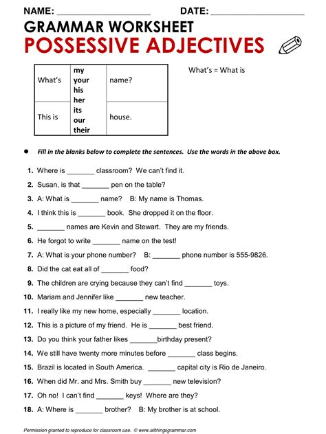 Possessive Adjectives Worksheet for Grade 4