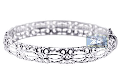 18K White Gold 0.55 ct Diamond Filigree Bangle Womens Bracelet