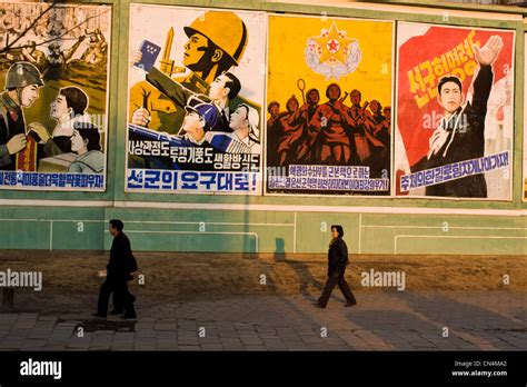 North Korea, Pyongyang, Podunamu Street, propaganda posters of North ...