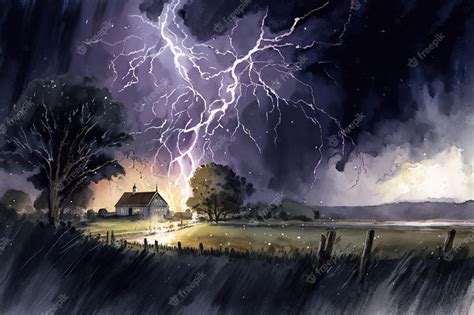 Premium Photo | A painting of a storm with lightning strikes over a farm.