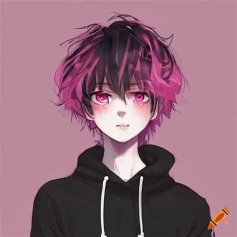 Cute emo anime man, black baggy hoodie, pink short messy hair, 90s anime style