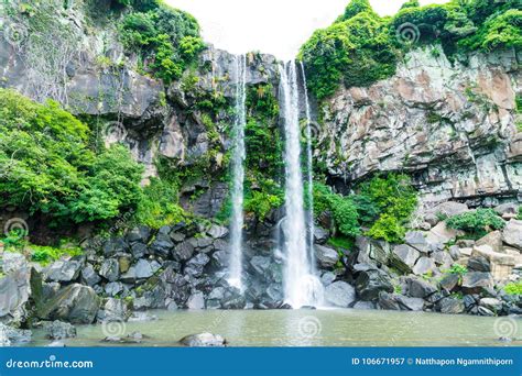 Jeongbang Waterfall in Jeju Island Stock Image - Image of scenic ...