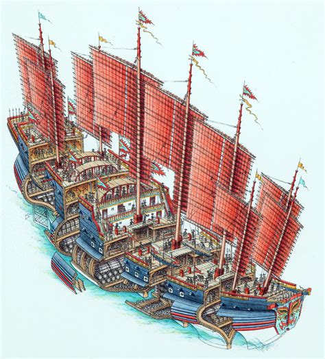 Stephen Biesty Illustration Appears to be based on Nothern Chinese types of ships, though the ...