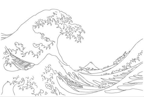 great wave off Kanagawa outline | Waves sketch, Wave drawing, Line art drawings