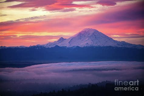 Rainier Burning Sunrise from Seattle Photograph by Mike Reid - Fine Art ...