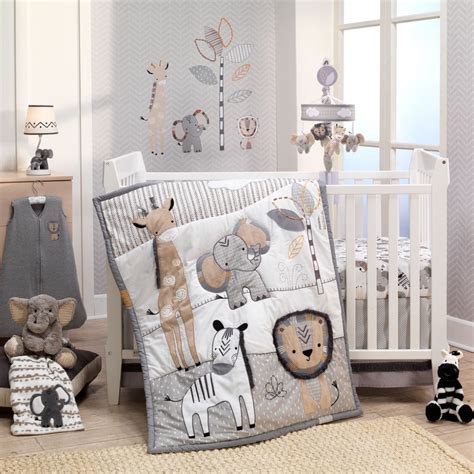 Jungle Safari Gray/Tan/White Nursery 6-Piece Baby Crib Bedding Set | Baby bedding sets, Baby ...