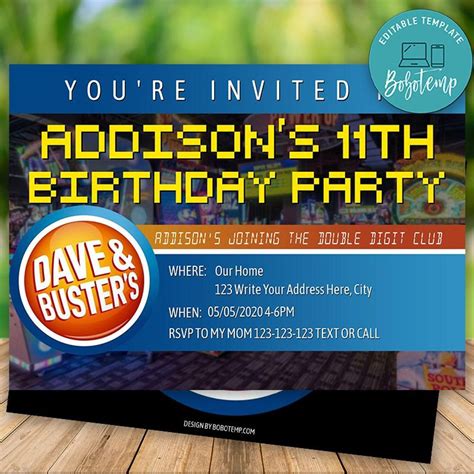 Editable Dave & Busters Party Birthday Invitation DIY | Bobotemp