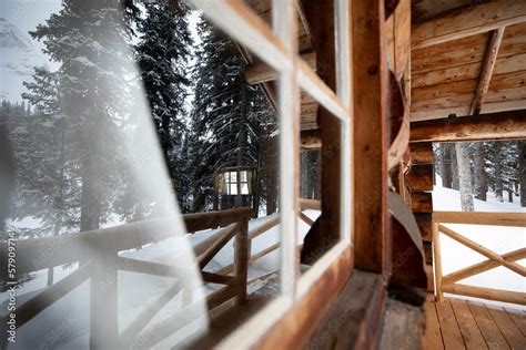 Snowy cabin in woods Stock Photo | Adobe Stock