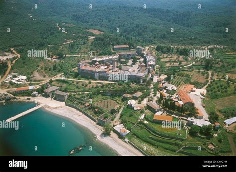 Aerial photograph of a Greek monastery on the slopes of mount Athos ...