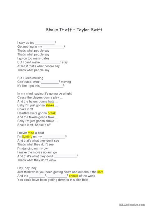 Shake it off - Taylor Swift song an…: English ESL worksheets pdf & doc