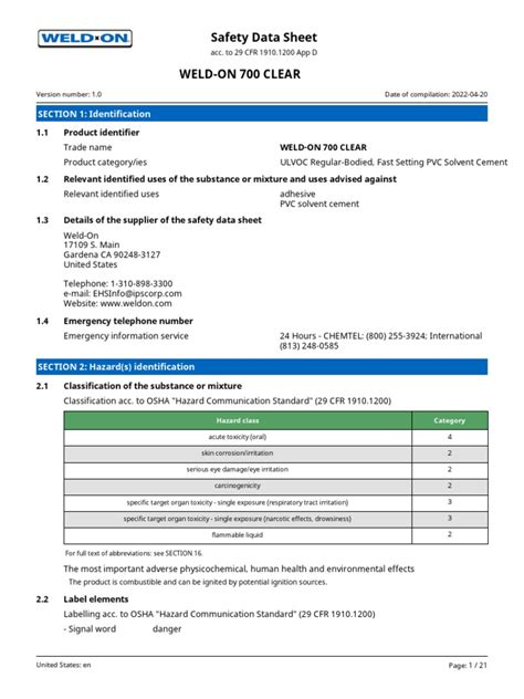 SDS WELD-ON 700 CLEAR US en 1 0 | PDF | Toxicity | Waste