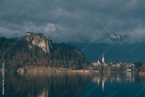 Castle of Bled. Bled castle. Sunset view of lake bled and mountains ...