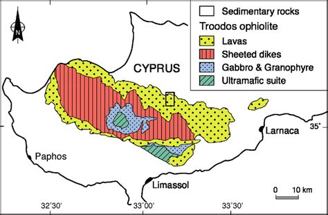 Schematic geological map of the ∼90 Ma Troodos ophiolite in Cyprus. The... | Download Scientific ...