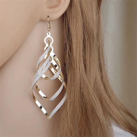 Fashion Women Earrings Gold Filled Spiral Scrub Long Dangle Drop Earrings Jewelry Gifts ...