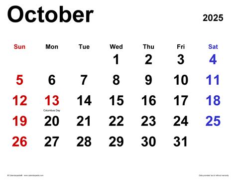 October 2025 Calendar | Templates for Word, Excel and PDF