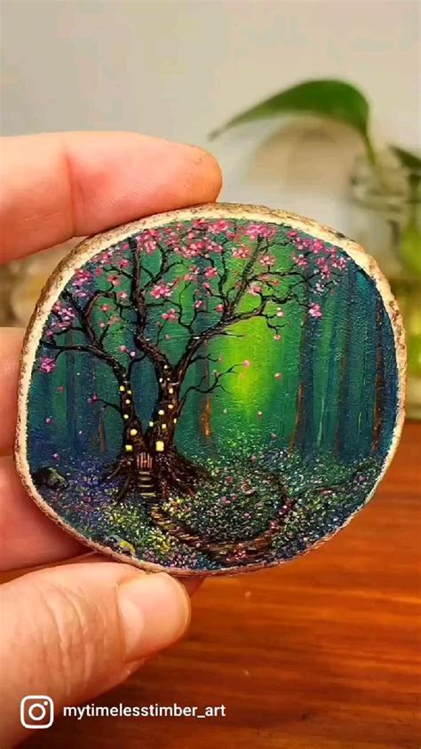 Tiny Forest Painting done on a Woodslice. Diameter: 3inches | Wood ...