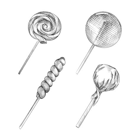 Hand-drawn sketch set of lollipops and suckers. the set consists of ...