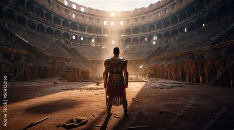 Ancient Roman gladiator standing on the arena in front of a crowd in a Colosseum Stock ...