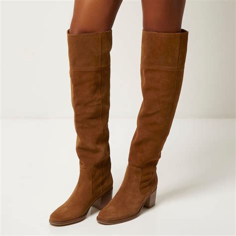 Lyst - River Island Tan Brown Suede Knee High Boots in Brown