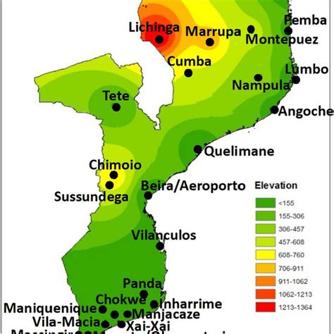 The topographic map of Mozambique showing the distribution weather ...