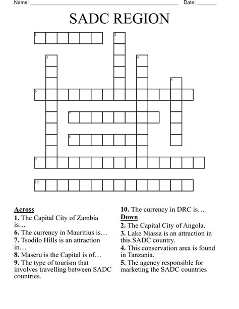 SADC REGION Crossword - WordMint