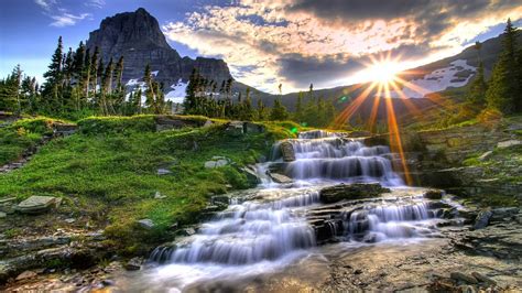 waterfall, clouds, sky, landscape, HDR, water, nature, Sun, sunlight, mountains, HD Wallpaper ...