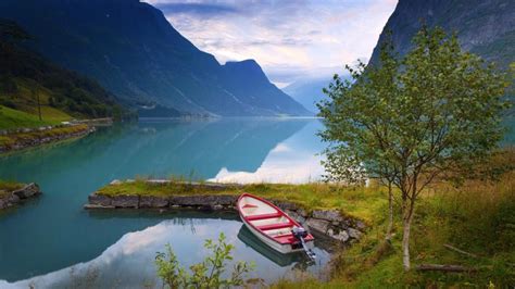 Norway, beautiful nature scenery, lake, mountains, clouds, boat, trees wallpaper | nature and ...