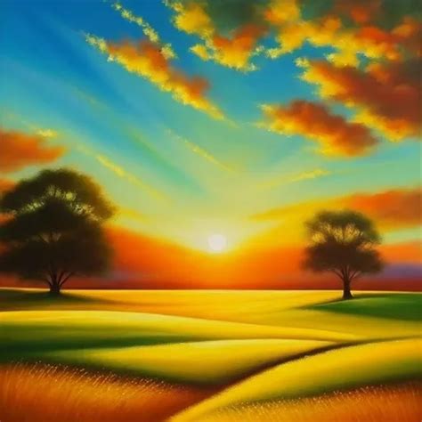 oil painting. a golden sunrise over a green field. s...