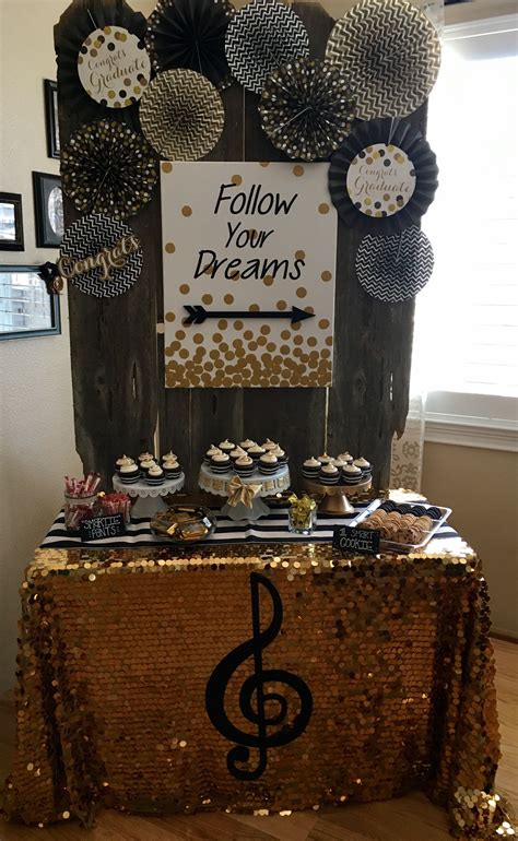 graduation backdrop • black and gold • graduation party ideas • dessert table • graduation ...