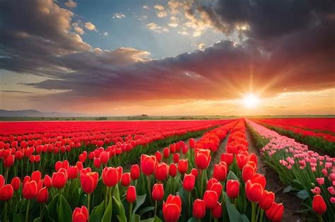 Premium AI Image | sunset over a field of tulips with the sun behind them