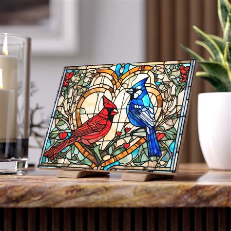 Cardinal and Blue Jay Heart Tile Stained Glass Look Gift for Bird ...