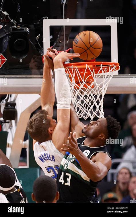 Orlando Magic's Moritz Wagner(21) tries to dunk against Milwaukee Bucks ...