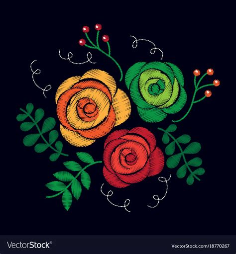 Fashion embroidery stitches flowers and leaves Vector Image