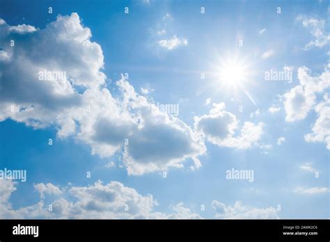 Beautiful blue sky with white clouds and sun, sunlight background Stock ...