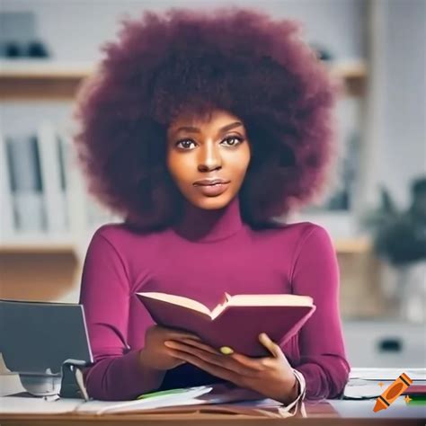 Portrait of a black lady with burgundy afro reading at a desk on Craiyon