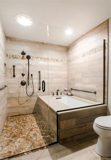 This master bath remodel features a beautiful corner tub inside a walk-in shower. The si ...