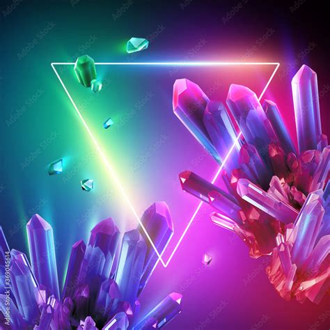 3d render, abstract neon background with crystals and triangular frame. Esoteric wallpaper Stock ...