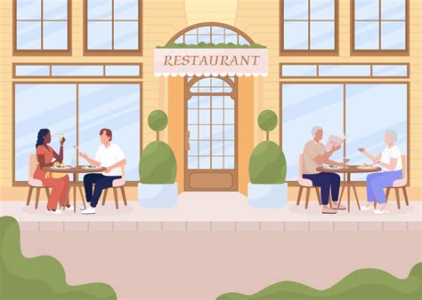 Having cozy dinner on restaurant terrace flat color vector illustration. Couples enjoying meals ...