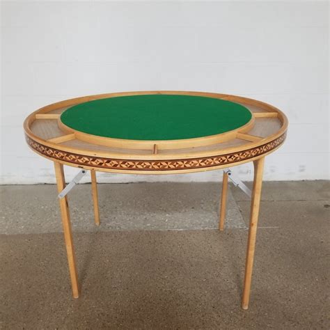 Mid 20th Century Inlaid Handmade Round Folding Poker Game Table | Chairish